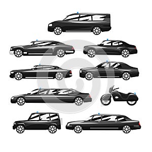 Collection of premium black executive cars, business luxury vehicles with blue flasher siren, side view vector