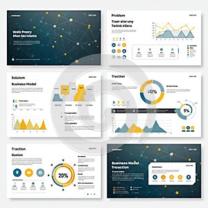A collection of presentation slides featuring various data visualizations and