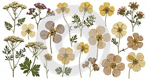 A collection of pressed flowers and leaves arranged on a white background. The