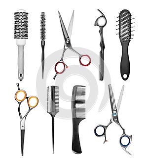 Collection of professional hair brushes and scissors isolated on