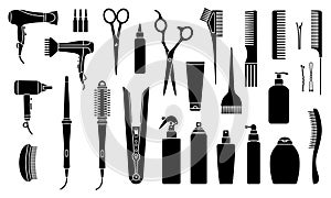 Collection of professional hair dresser cosmetics, tools and equipment