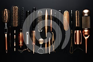 Collection of professional hair dresser tools arranged on dark background