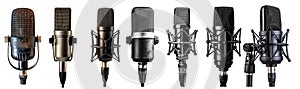 Collection of professional studio microphones, isolated on transparent background.