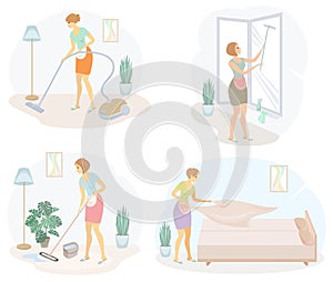 Collection. Profile of a cute lady. The girl cleans, mopping the floor, windows, vacuuming the room, making the bed. The woman is