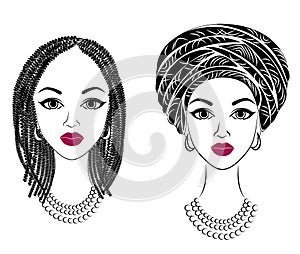 Collection.Profile the head of the sweet lady. African-American girl with a beautiful hairdo. The lady wears a turban, a national
