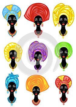 Collection.Profile the head of the sweet lady. African-American girl with a beautiful hairdo. The lady wears a turban, a national