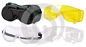 Collection of  protective spectacles Safety glasses. Plastic Protective Work Glasses