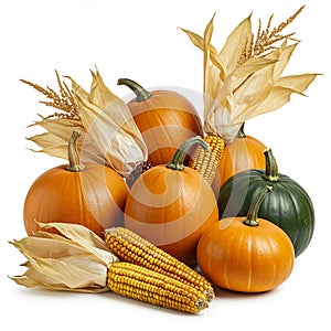 A collection of pumpkins and ears of corn arranged on a white surface. The pumpkins
