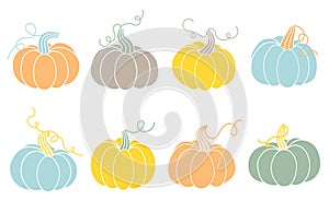 Collection of pumpkins in pastels colors isolated on white background.