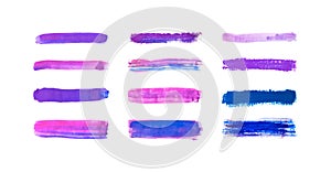 Collection of purple with blue hand drawn paint, ink brush strokes, brushes, lines watercolor isolated on white background