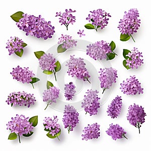 Collection of purple lilac flowers over white background