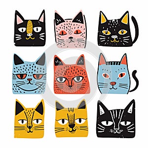 Collection quirky cat faces, various patterns colors, cartoon feline expressions. Nine stylized