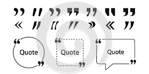 Collection of quote box frames and icons. Text in brackets. Blank template of quote remarks. Empty speech and quote bubbles of