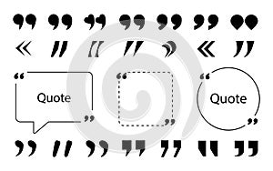 Collection of quote box frames and icons. Text in brackets. Blank template of quote remarks. Empty speech and quote bubbles of