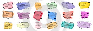 Collection of quote box frames and icons. Text in brackets. Blank template of quote remarks. Empty speech and quote bubbles of