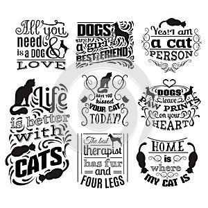 Collection of quote typographical background about cats and dogs