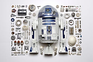 Collection of R2D2 Robot dismounted pieces organized on a white background organized