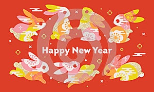Collection of rabbits. Cute bunnies with decorative elements on red background. Chinese new year 2023 greeting card