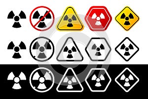 Collection of radiation signs in different color and design. Danger sign, warning sign, attention sign. Attention icon