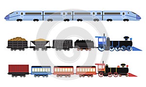 Collection of railway locomotives, passengers wagons and speed trains