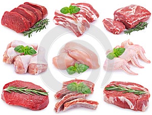 Collection of raw meat on white background