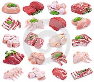 Collection of raw meat on white background