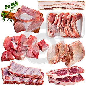 Collection of raw pork meat isolated on white