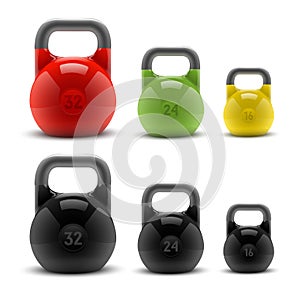 Collection of realistic classic kettlebells on white background. Fitness symbol. photo