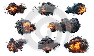 Collection of realistic explosions with colorful streaks. Large fireballs with black smoke on transparent background.