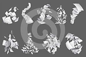 Collection of realistic falling paper sheets. Set of flying curved leaves of paper. Vector loose soar of notes with