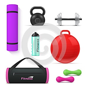 Collection realistic fitness equipment vector gym exercising tools for muscular cardio training