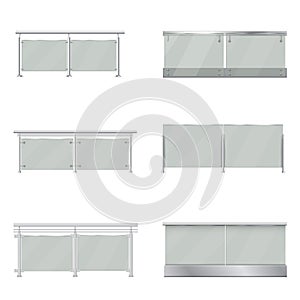 Collection realistic glass balustrades vector illustration. Set of transparent balcony rails