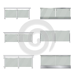 Collection realistic glass balustrades vector illustration. Set of transparent balcony rails photo