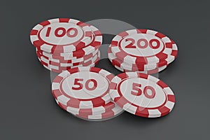 Collection realistic of isometric red & white casino chips, stack of poker chips on grey background, Concept Vegas Online