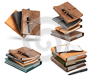 Collection of Realistic lather notebook set 3d render on white