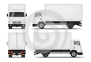 Collection realistic light truck front back and side view vector lorry van with box cargo logistic