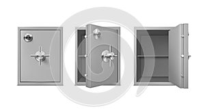 Collection realistic metal safe with open and closed door vector illustration bank vault storage