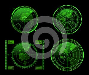Collection realistic neon green radar screen vector illustration monitoring interface with map pin