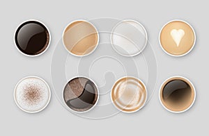 Collection realistic porcelain cup and saucer full of coffee hot beverage top view vector