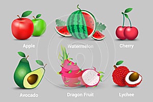 A Collection Of Realistic Vector Fresh Fruits Juicy. Apples, Watermelons, Cherries, Avocados, Fruit, Dragons And Lychees.