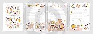 Collection of recipe card or sheet templates for making notes about meal preparation and cooking ingredients. Empty