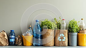 A collection of recyclable materials and plants arranged on a shelf, highlighting eco-friendly practices in a modern setting. AI photo