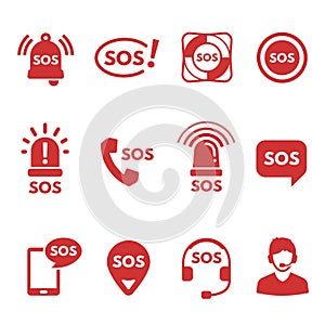 Collection of red flat SOS icons or symbols