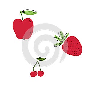 Collection of red fruits: apple, strawberry, cherry with black line isolated on white background. Hand drawn vectorflat cartoon