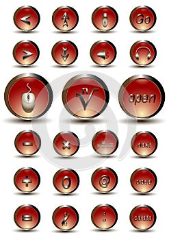 Collection of red glossy buttons with web and mathematical symbols