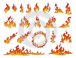 Collection of red and orange cartoon fire flame vector. Flammable fireball, circle, inferno light photo