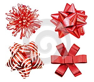 Collection of red ribbon bows isolated on white background