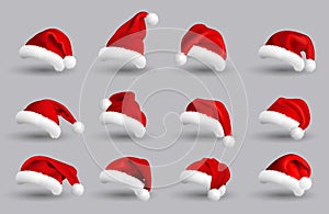 Collection of Red Santa Claus Hats isolated on gray background. Set. Vector Realistic Illustration.