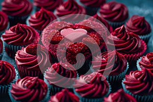 A collection of red velvet cupcakes with red frosting arranging in heart shape against dark blue background. Generative AI