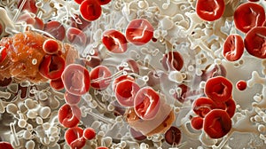 A collection of red and white cells along with platelets in a diseased state with abnormal shapes and sizes indicative photo